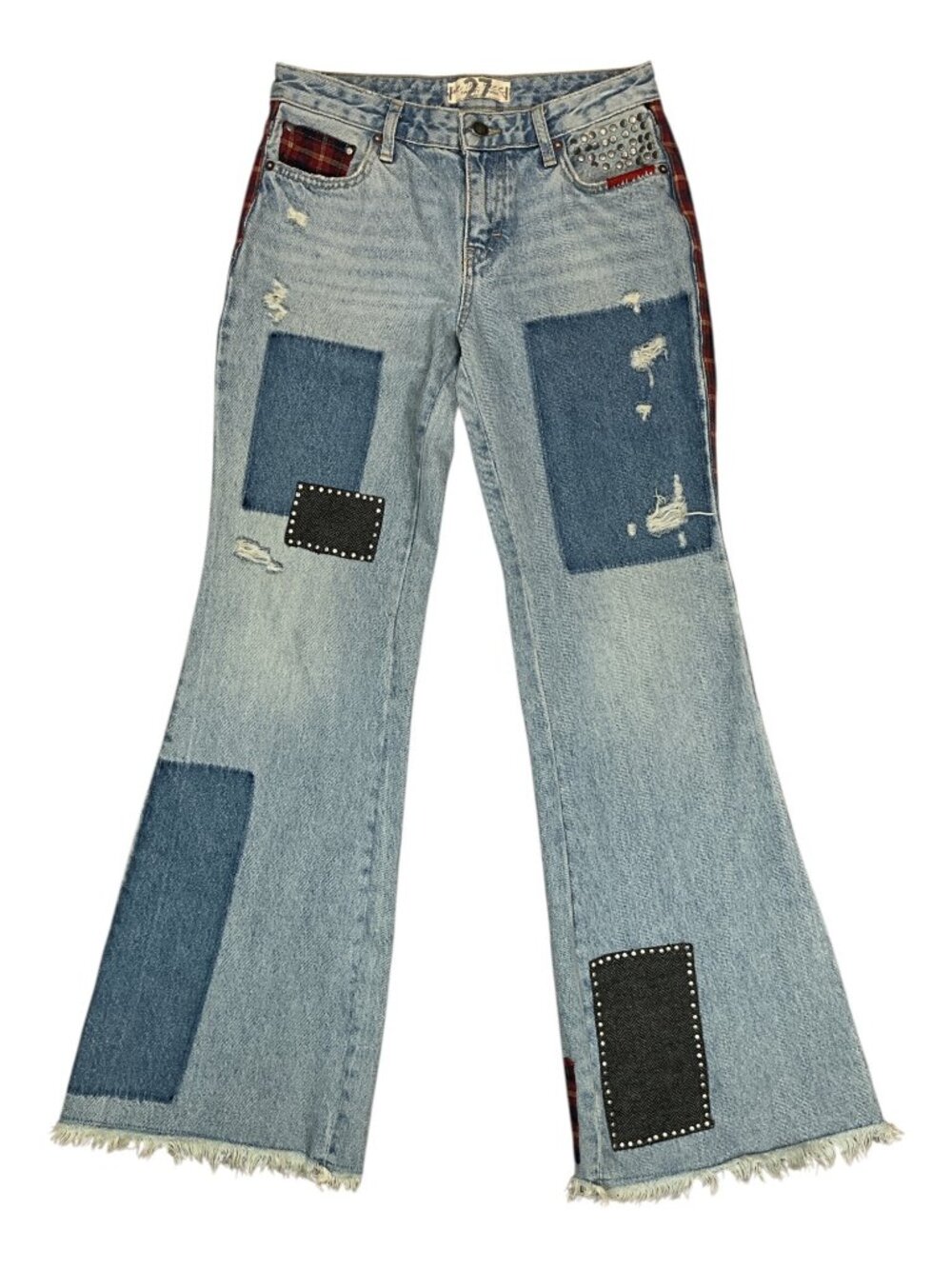 Free People We The Free Plaid Mixed Slim Flare Jean 27 Mid Rise Patchwork